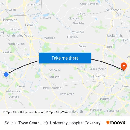 Solihull Town Centre (Stop Sb) to University Hospital Coventry & Warwickshire map