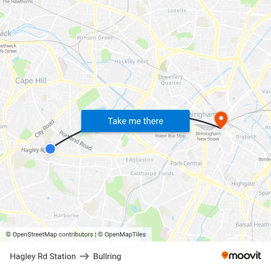 Hagley Rd Station to Bullring map