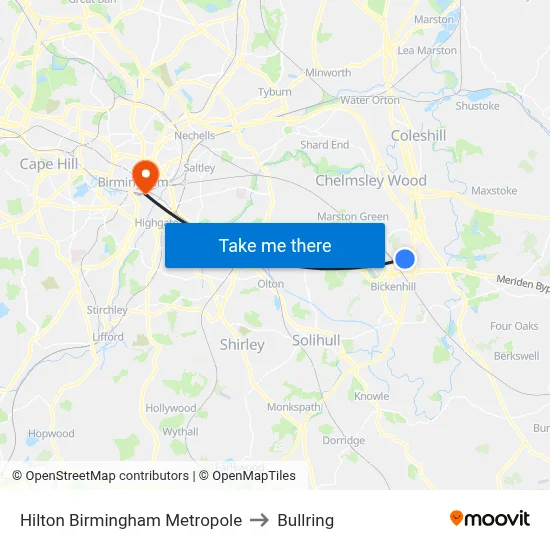 Hilton Birmingham Metropole to Bullring map