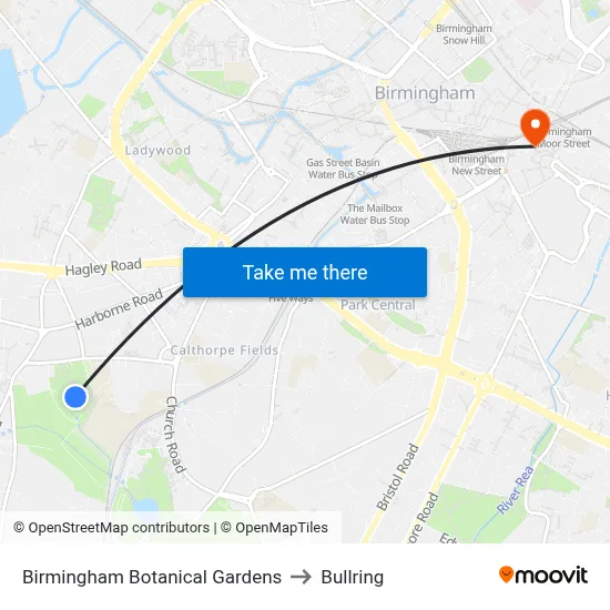 Birmingham Botanical Gardens to Bullring map