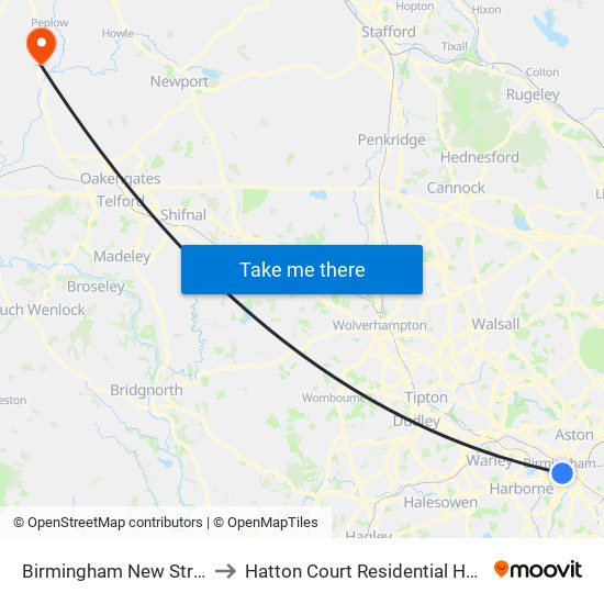 Birmingham New Street to Hatton Court Residential Home map