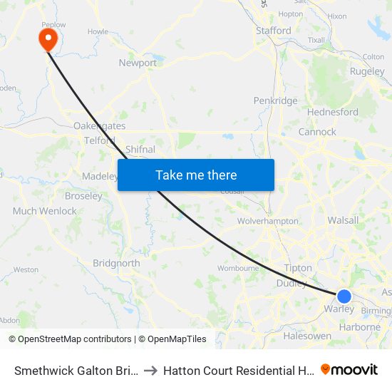 Smethwick Galton Bridge to Hatton Court Residential Home map