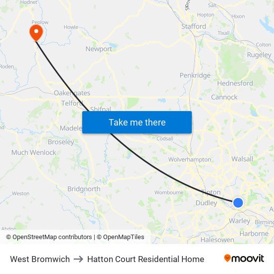 West Bromwich to Hatton Court Residential Home map