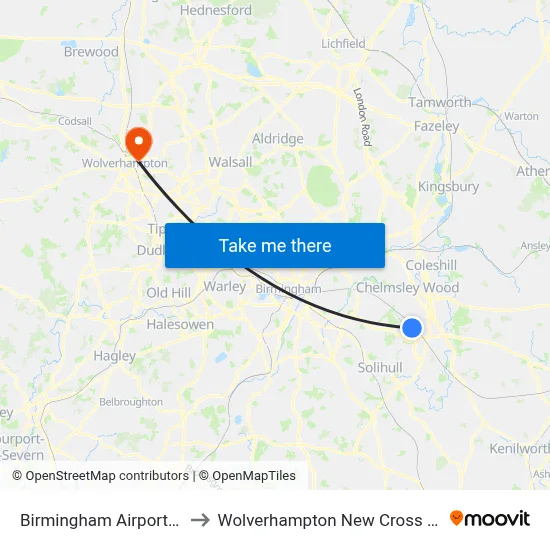 Birmingham Airport (BHX) to Wolverhampton New Cross Hospital map