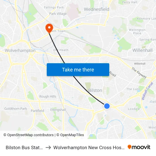 Bilston Bus Station to Wolverhampton New Cross Hospital map