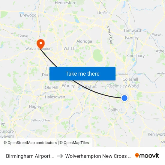 Birmingham Airport (BHX) to Wolverhampton New Cross Hospital map