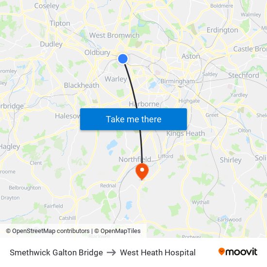Smethwick Galton Bridge to West Heath Hospital map