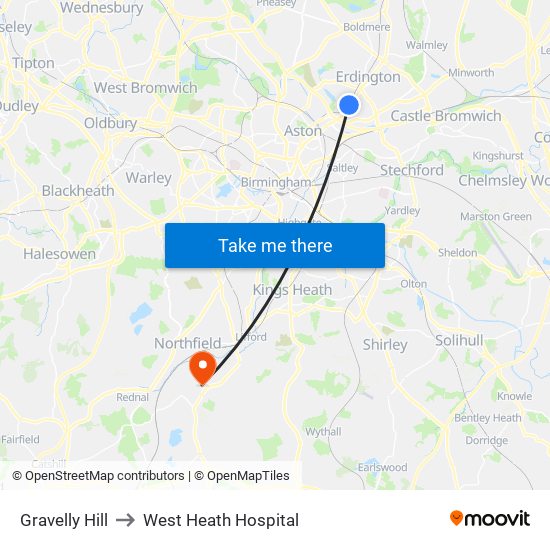 Gravelly Hill to West Heath Hospital map