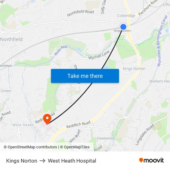 Kings Norton to West Heath Hospital map