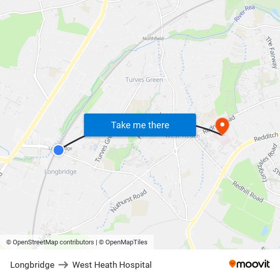 Longbridge to West Heath Hospital map
