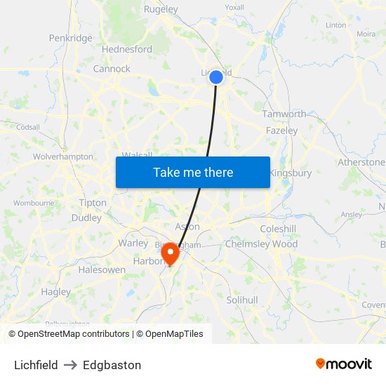 Lichfield to Edgbaston map