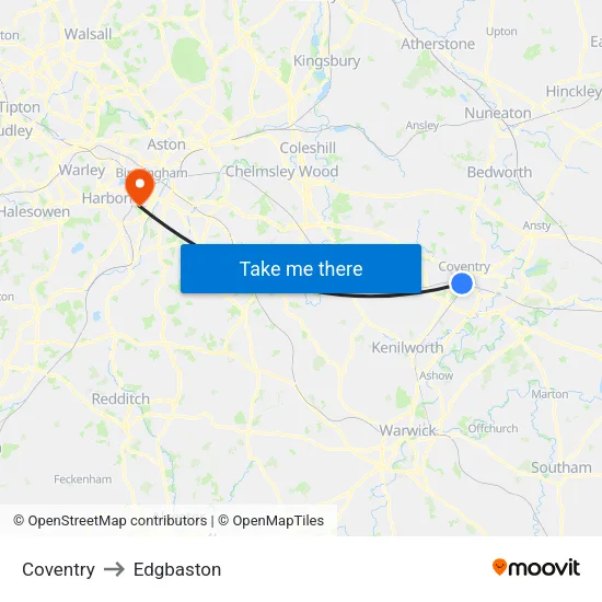 Coventry to Edgbaston map