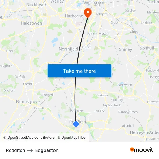Redditch to Edgbaston map