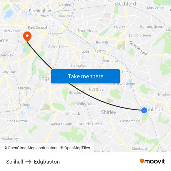 Solihull to Edgbaston map