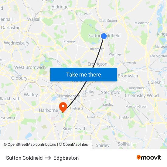 Sutton Coldfield to Edgbaston map