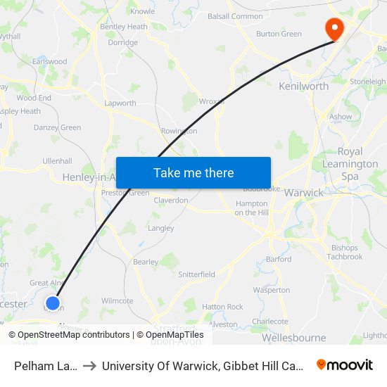 Pelham Lane to University Of Warwick, Gibbet Hill Campus map