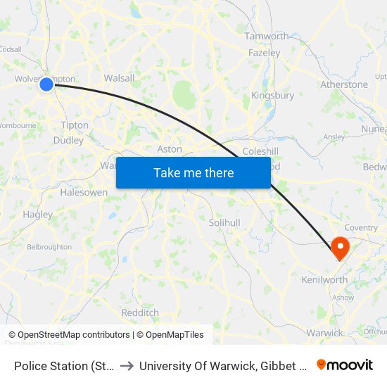 Police Station (Stop Aj1) to University Of Warwick, Gibbet Hill Campus map