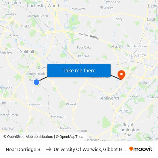 Near Dorridge Station to University Of Warwick, Gibbet Hill Campus map