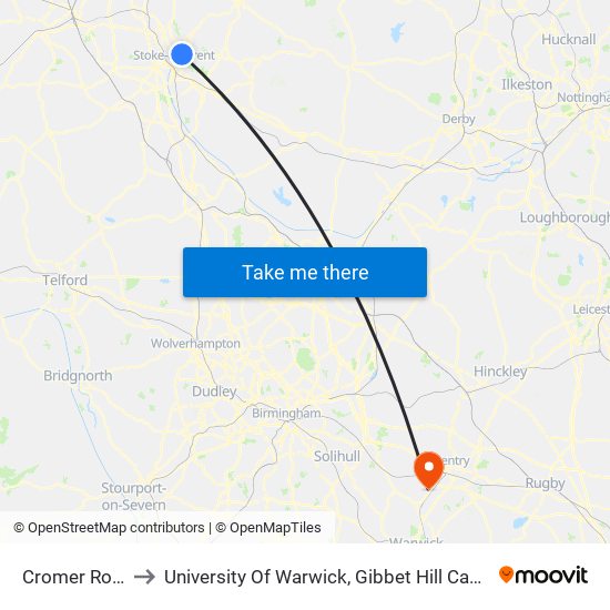 Cromer Road to University Of Warwick, Gibbet Hill Campus map