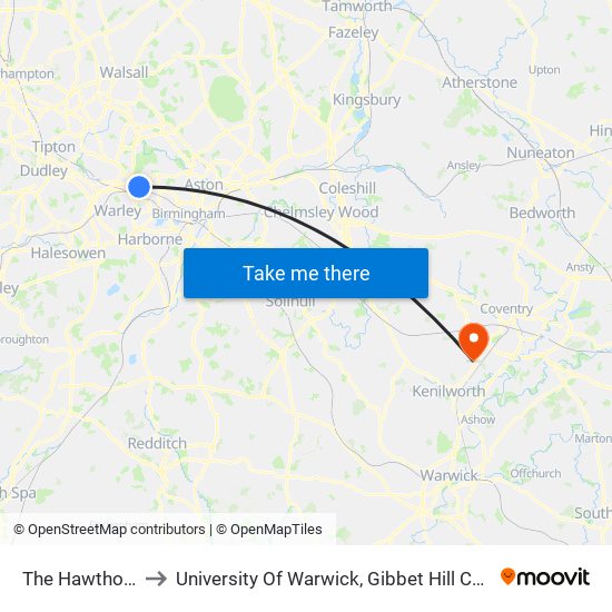 The Hawthorns to University Of Warwick, Gibbet Hill Campus map