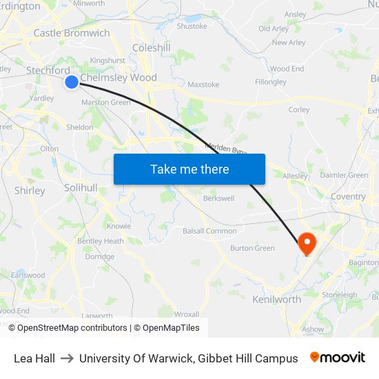 Lea Hall to University Of Warwick, Gibbet Hill Campus map