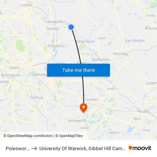 Polesworth to University Of Warwick, Gibbet Hill Campus map