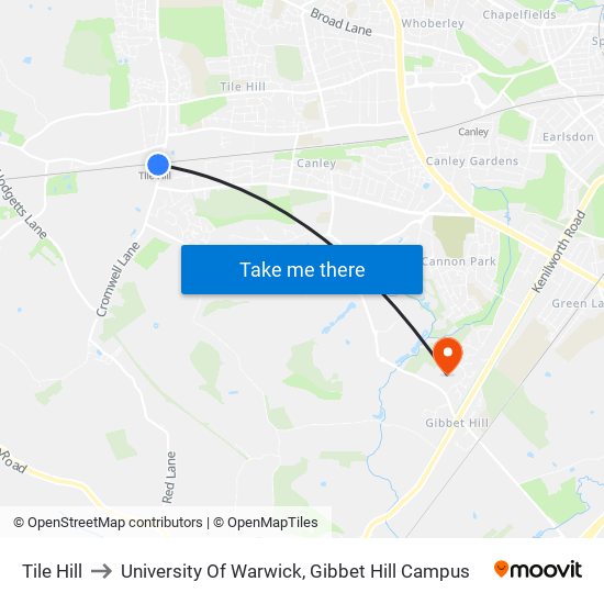 Tile Hill to University Of Warwick, Gibbet Hill Campus map