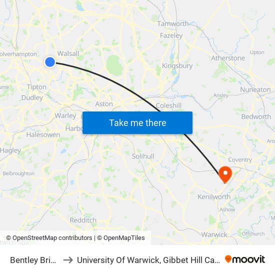 Bentley Bridge to University Of Warwick, Gibbet Hill Campus map