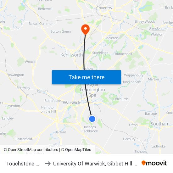 Touchstone Road to University Of Warwick, Gibbet Hill Campus map