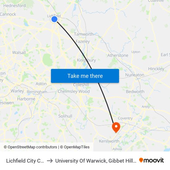 Lichfield City Centre to University Of Warwick, Gibbet Hill Campus map