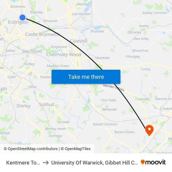 Kentmere Tower to University Of Warwick, Gibbet Hill Campus map