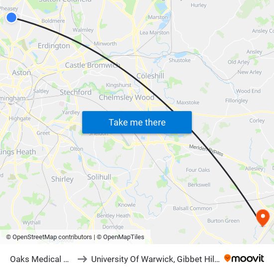 Oaks Medical Centre to University Of Warwick, Gibbet Hill Campus map