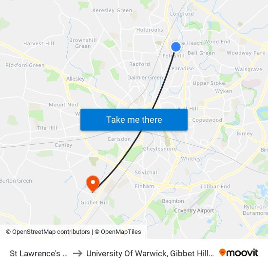 St Lawrence's Road to University Of Warwick, Gibbet Hill Campus map