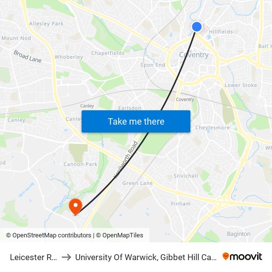 Leicester Row to University Of Warwick, Gibbet Hill Campus map