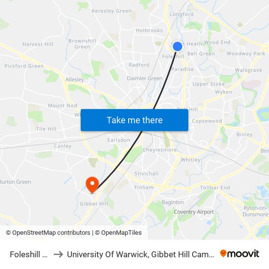 Foleshill Rd to University Of Warwick, Gibbet Hill Campus map