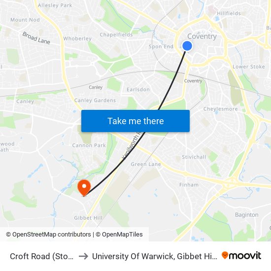 Croft Road (Stop Vr2) to University Of Warwick, Gibbet Hill Campus map