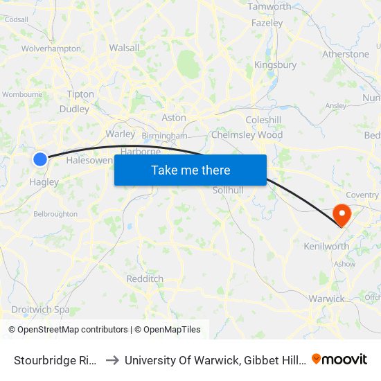 Stourbridge Ring Rd to University Of Warwick, Gibbet Hill Campus map