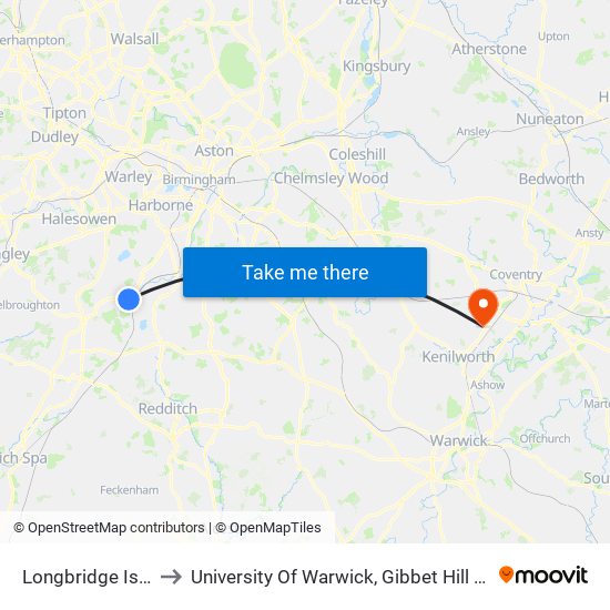 Longbridge Island to University Of Warwick, Gibbet Hill Campus map