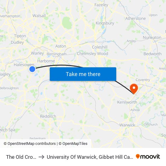 The Old Crown to University Of Warwick, Gibbet Hill Campus map