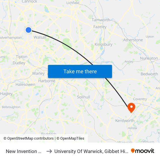 New Invention Square to University Of Warwick, Gibbet Hill Campus map