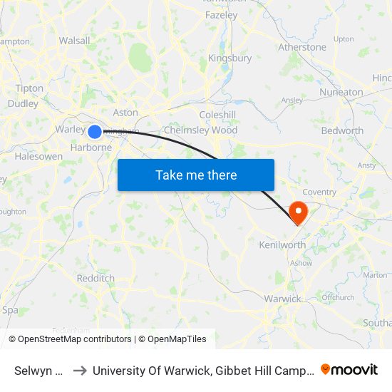 Selwyn Rd to University Of Warwick, Gibbet Hill Campus map