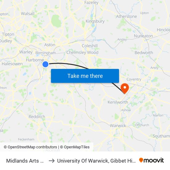 Midlands Arts Centre to University Of Warwick, Gibbet Hill Campus map