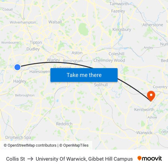 Collis St to University Of Warwick, Gibbet Hill Campus map