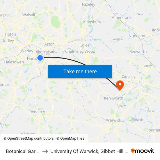 Botanical Gardens to University Of Warwick, Gibbet Hill Campus map