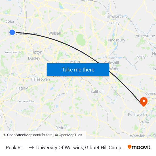 Penk Rise to University Of Warwick, Gibbet Hill Campus map