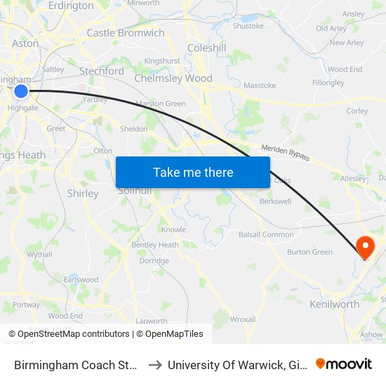 Birmingham Coach Station (Stop Ds5) to University Of Warwick, Gibbet Hill Campus map