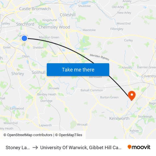 Stoney Lane to University Of Warwick, Gibbet Hill Campus map