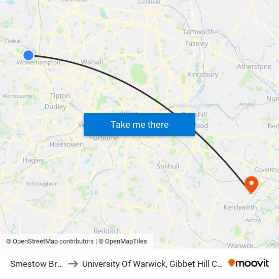 Smestow Brook to University Of Warwick, Gibbet Hill Campus map