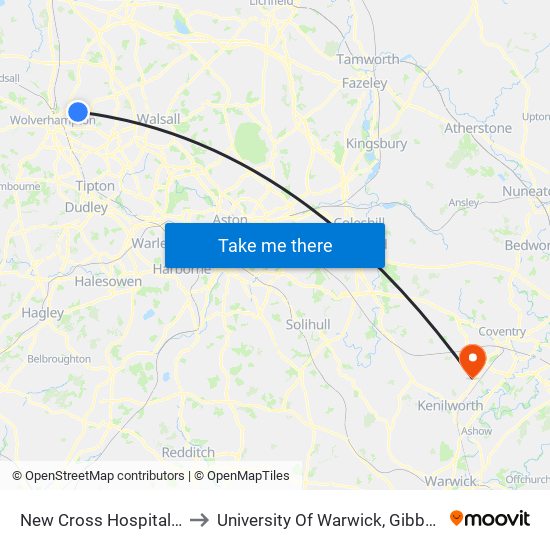 New Cross Hospital (Stop N5) to University Of Warwick, Gibbet Hill Campus map