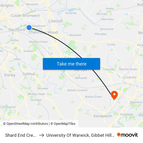 Shard End Crescent to University Of Warwick, Gibbet Hill Campus map